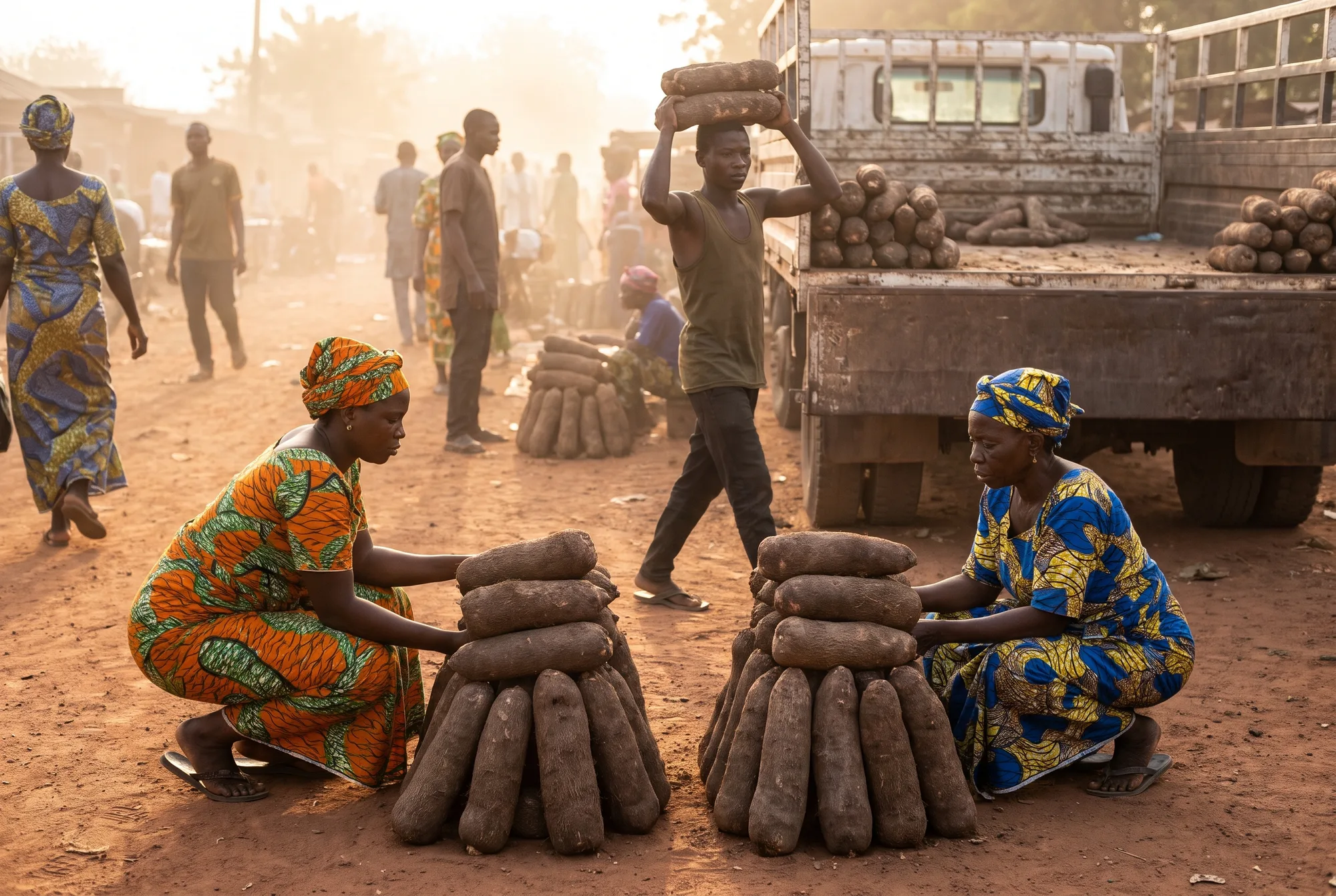 Traders stack yam tubers at a busy market in Zaki Biam, Benue State, in the country that grows the most yam in the world.