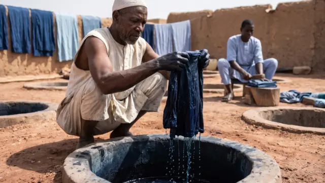 A dyer lifts indigo cloth from one of the centuries-old Kofar Mata dye pits in Kano, a unique Nigerian craft site.