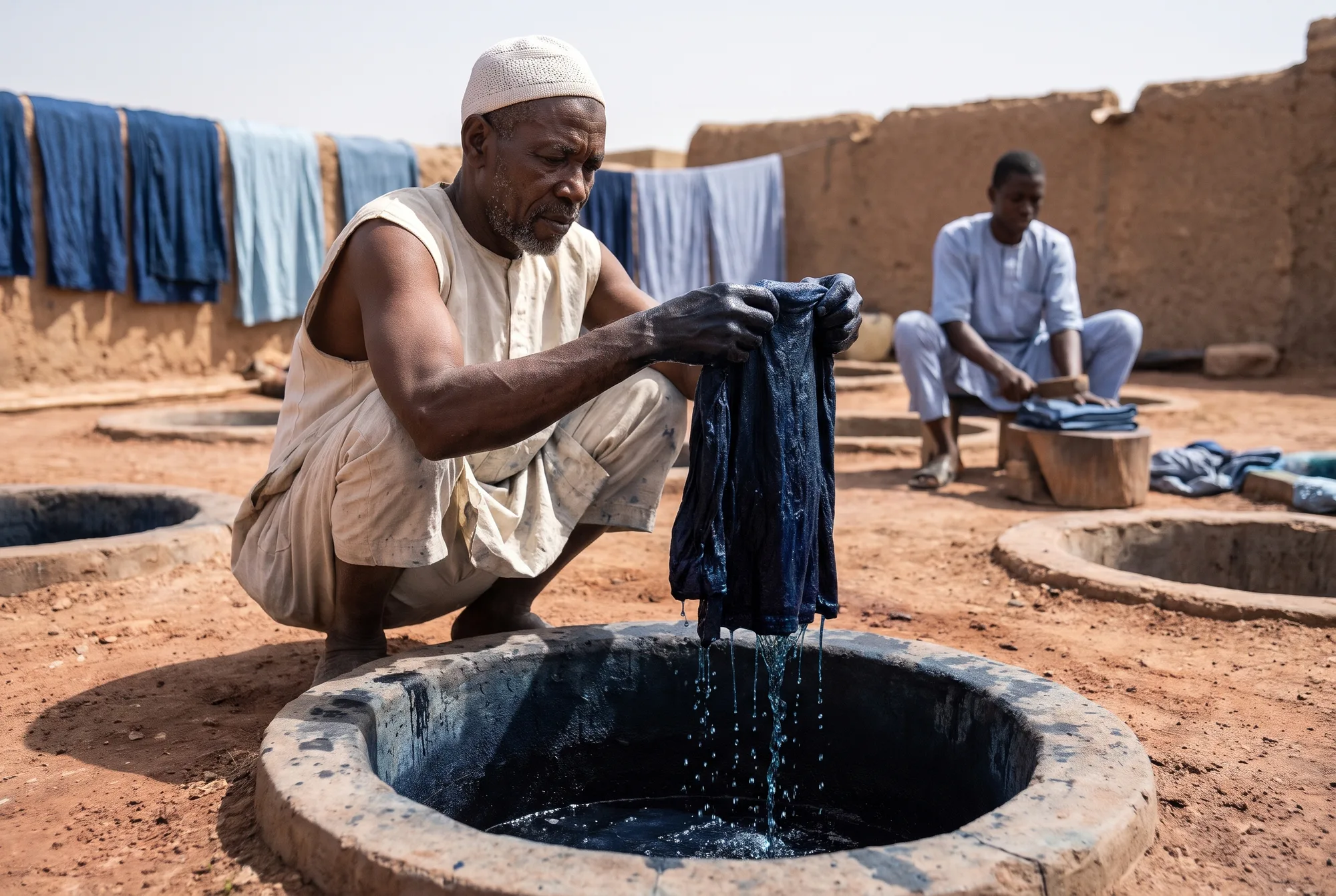 A dyer lifts indigo cloth from one of the centuries-old Kofar Mata dye pits in Kano, a unique Nigerian craft site.